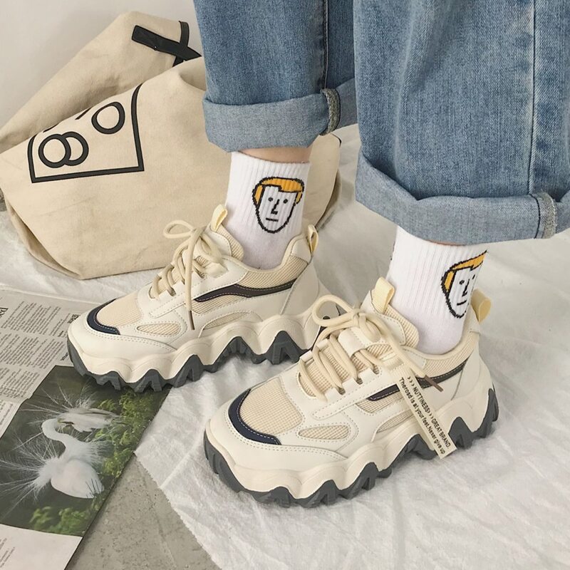

Lace-up Front Mesh Panel Sneakers, Beige