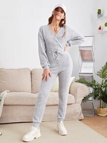 SHEIN 青少年女孩落肩袖條紋針織前打結連身褲 - 淺灰色 - 查看 1