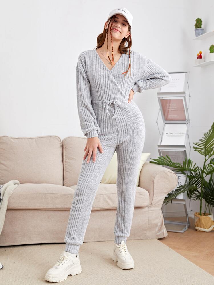 SHEIN 青少年女孩落肩袖條紋針織前打結連身褲 - 淺灰色 - 查看 1
