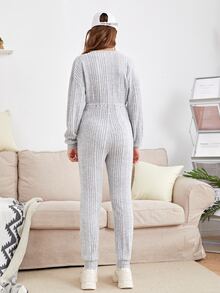 SHEIN 青少年女孩落肩袖條紋針織前打結連身褲 - 淺灰色 - 查看 2
