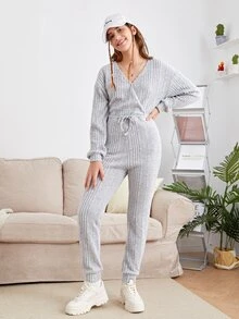 SHEIN 青少年女孩落肩袖條紋針織前打結連身褲 - 淺灰色 - 查看 3