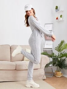 SHEIN 青少年女孩落肩袖條紋針織前打結連身褲 - 淺灰色 - 查看 4