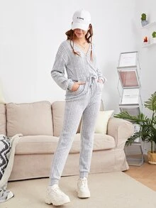 SHEIN 青少年女孩落肩袖條紋針織前打結連身褲 - 淺灰色 - 查看 5