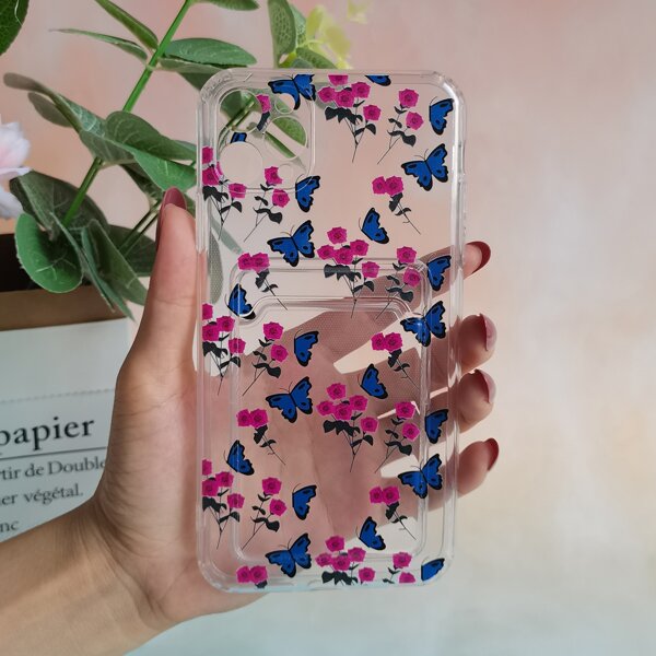 

Butterfly & Flower Painted Clear Phone Case With Card Slot, Multicolor