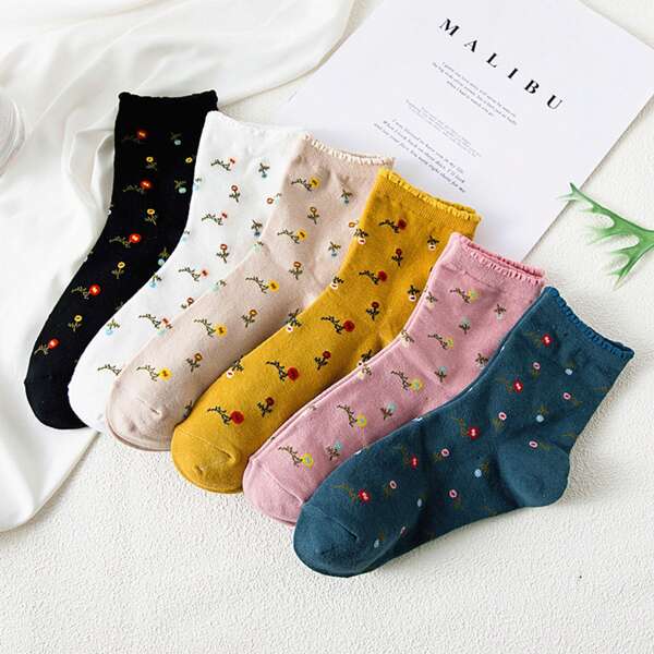 

6pairs Flower Pattern Socks, Multicolor