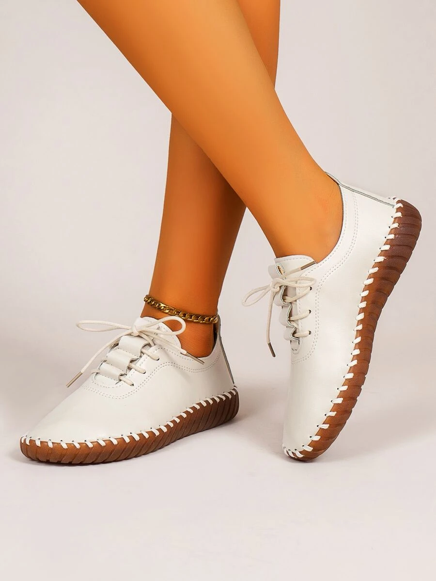 2025 New Lace-Up Flat Outdoor Casual Fashion Stitching Women Loafers - Beige - View 1
