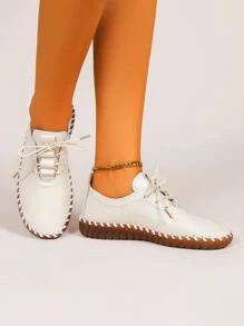 2025 New Lace-Up Flat Outdoor Casual Fashion Stitching Women Loafers - Beige - View 2