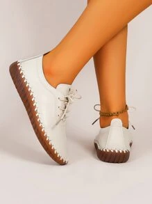 2025 New Lace-Up Flat Outdoor Casual Fashion Stitching Women Loafers - Beige - View 3