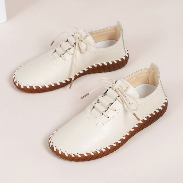 

Lace-up Front Stitch Trim Flats, Beige
