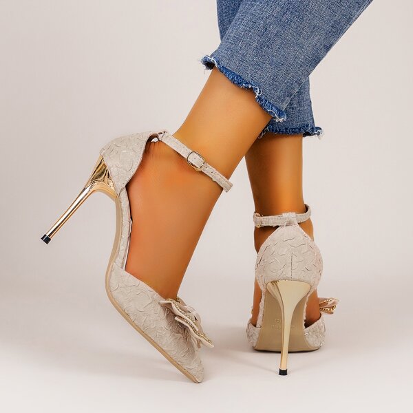 

Bow Decor Ankle Strap Pumps, Beige