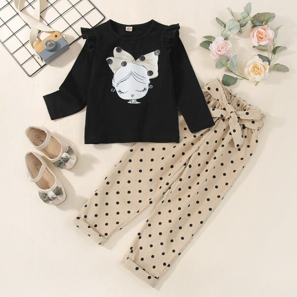

Toddler Girls Figure Graphic Ruffle Trim Tee & Polka Dot Belted Pants, Multicolor
