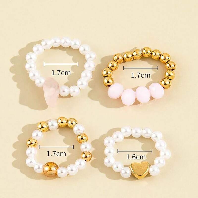 

4pcs Faux Pearl Beaded Ring, White
