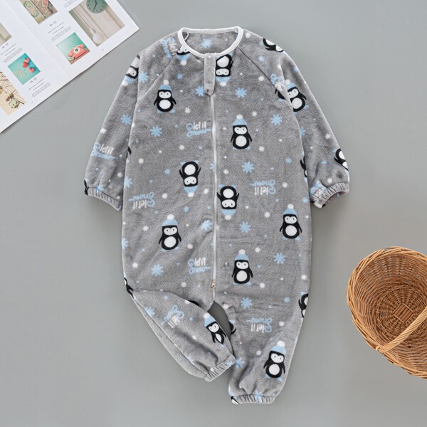 

Toddler Boys Snowflake & Penguin Pattern Raglan Sleeve Flannel Jumpsuit, Grey