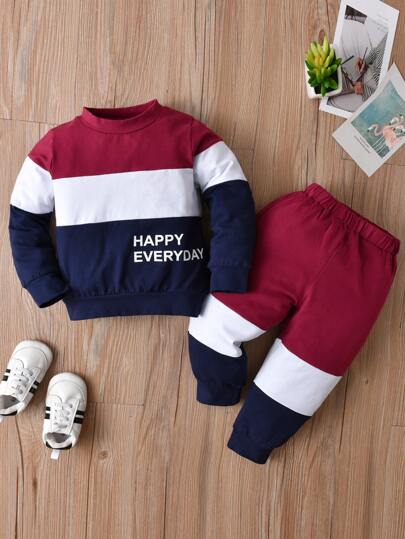 Bebis Pojke Text Grafik Färgblock Tröja & Mjukisbyxor