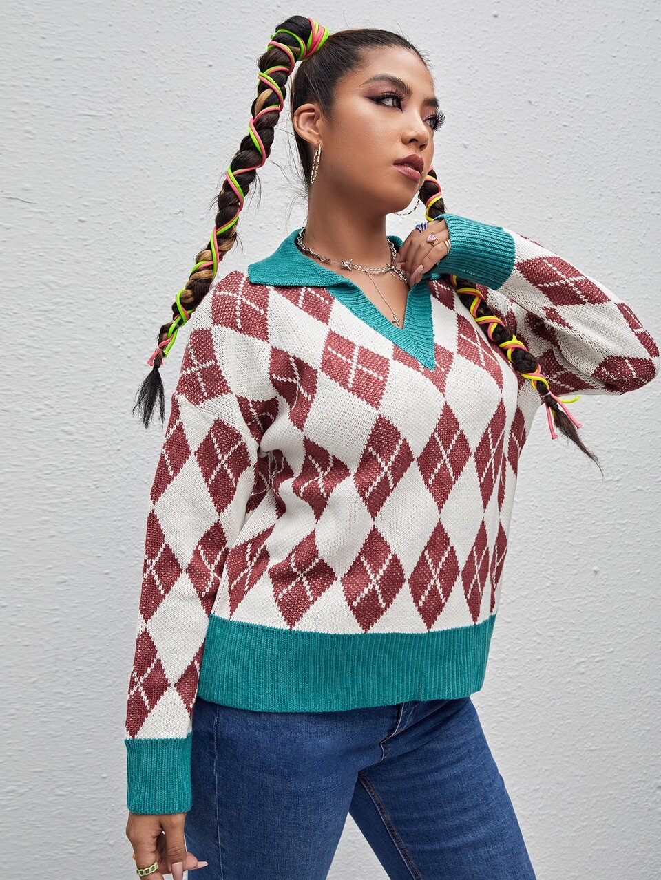Plus Argyle Pattern Drop Shoulder Sweater
