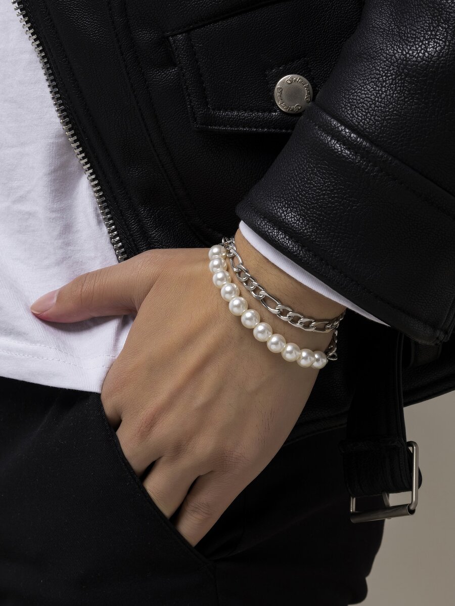 Fashionable And Popular 2pcs Men Faux Pearl Decor Bracelet For Jewelry Gift And For A Stylish Look - Silver - View 1