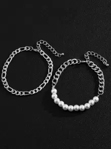 Fashionable And Popular 2pcs Men Faux Pearl Decor Bracelet For Jewelry Gift And For A Stylish Look - Silver - View 2