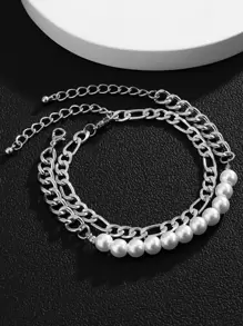 Fashionable And Popular 2pcs Men Faux Pearl Decor Bracelet For Jewelry Gift And For A Stylish Look - Silver - View 5