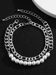 Fashionable And Popular 2pcs Men Faux Pearl Decor Bracelet For Jewelry Gift And For A Stylish Look - Silver - View 4