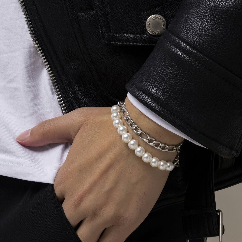 

Guys 2pcs Faux Pearl Beaded Bracelet, Silver