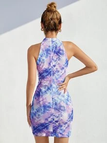 SHEIN Tie Dye Keyhole Neck Zip Back Bodycon Dress - Multicolor - View 2