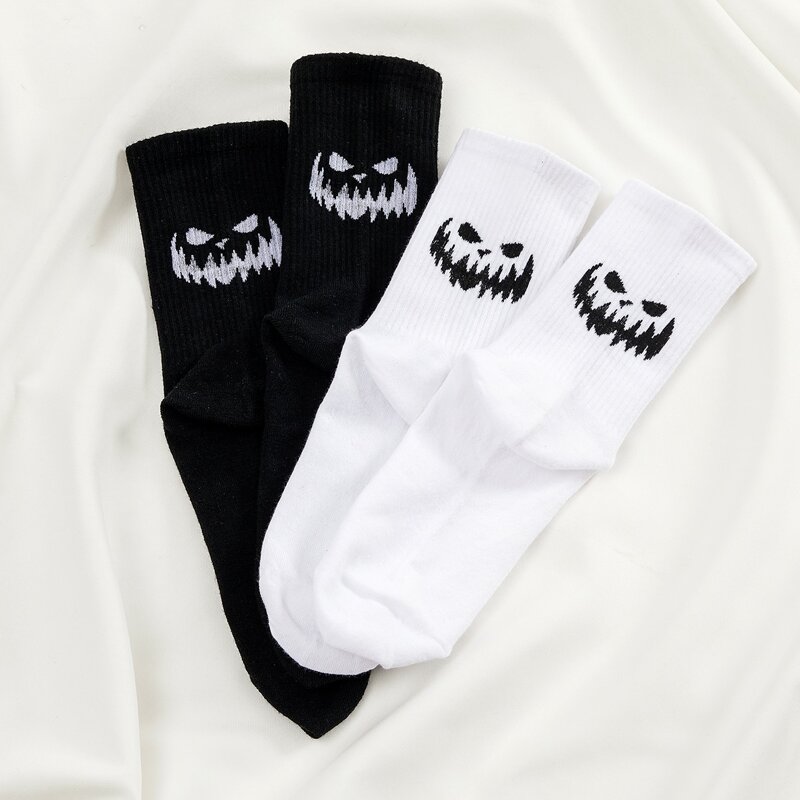 

2pairs Halloween Print Crew Socks, Black and white