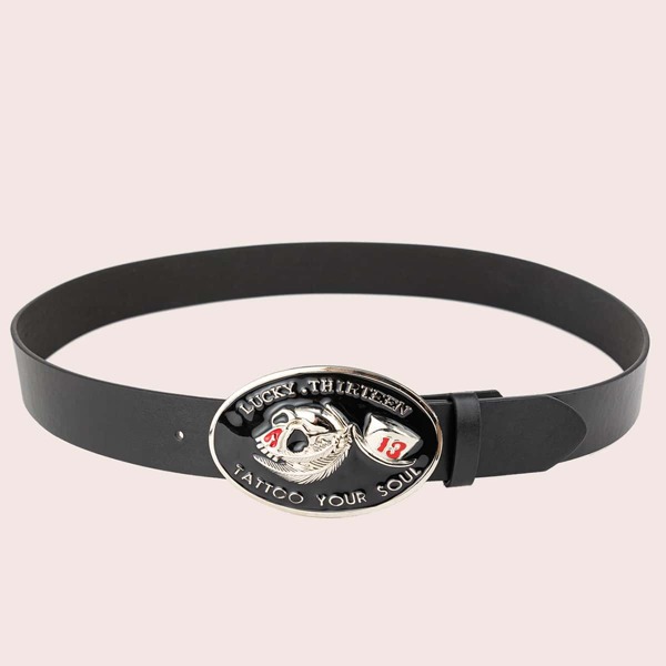 

Men Skull Decor Belt With Hole Punch, Black