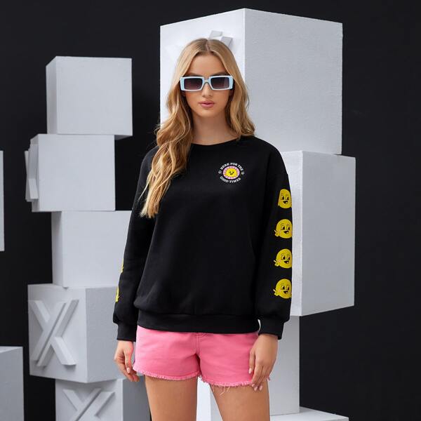 

Cartoon & Slogan Graphic Drop Shoulder Sweatshirt, Black