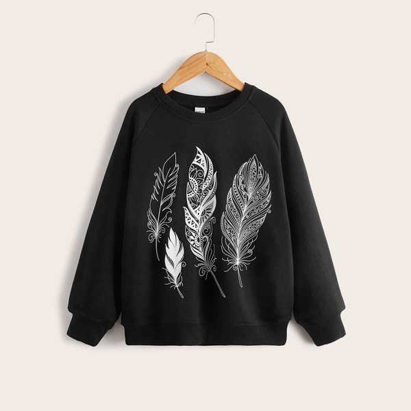 

Boys Feather Print Raglan Sleeve Sweatshirt, Black