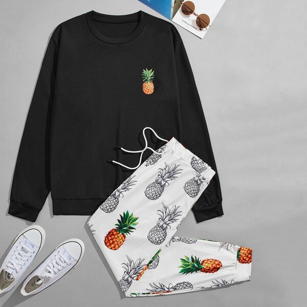

Men Pineapple Print Sweatshirt With Drawstring Pants, Black and white