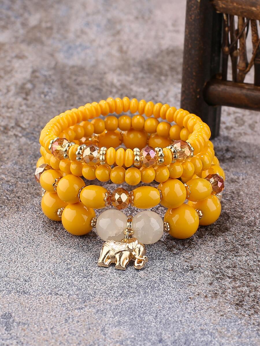 4入組大象墜飾串珠手鏈5入組樹和流蘇手環 - 黃色 - 查看 1