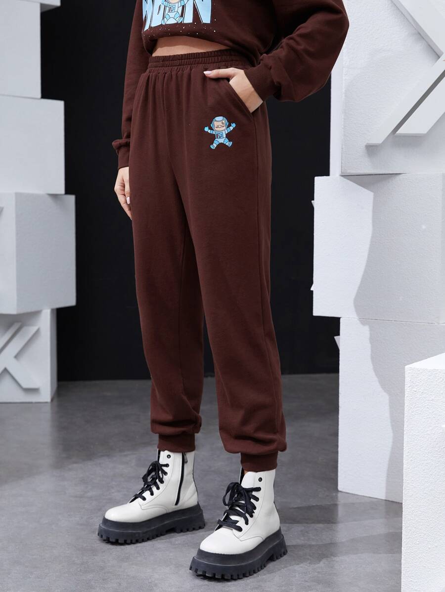 Atosha High Waist Cartoon Graphic Joggers - Coffee Brown - View 1