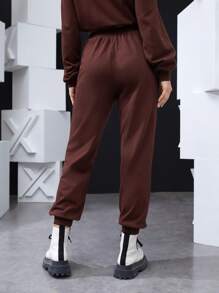 Atosha High Waist Cartoon Graphic Joggers - Coffee Brown - View 2