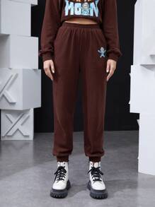 Atosha High Waist Cartoon Graphic Joggers - Coffee Brown - View 3