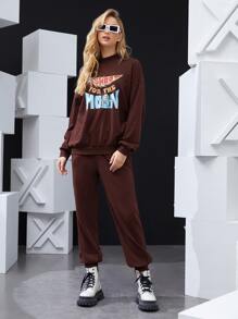 Atosha High Waist Cartoon Graphic Joggers - Coffee Brown - View 4