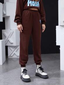 Atosha High Waist Cartoon Graphic Joggers - Coffee Brown - View 5