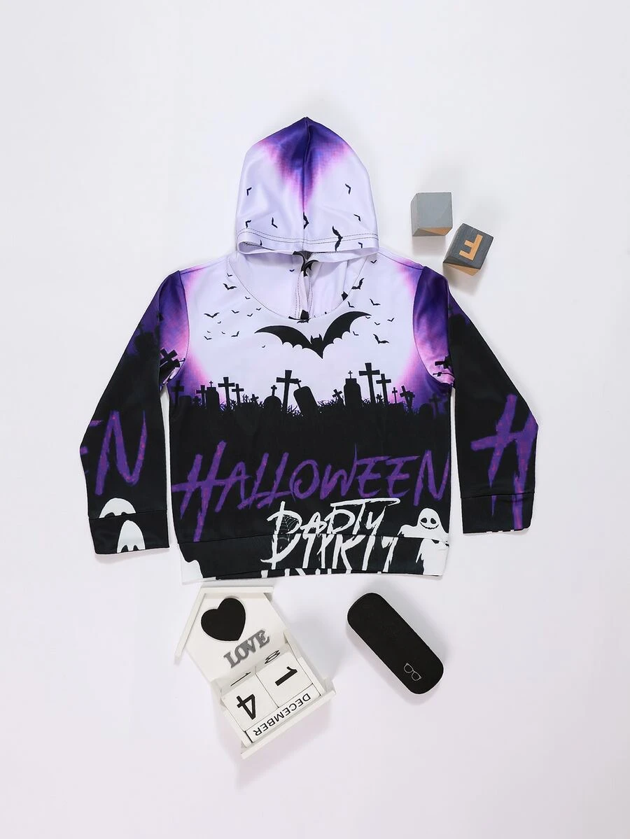 女孩1入組萬聖節和字母圖案連帽衫