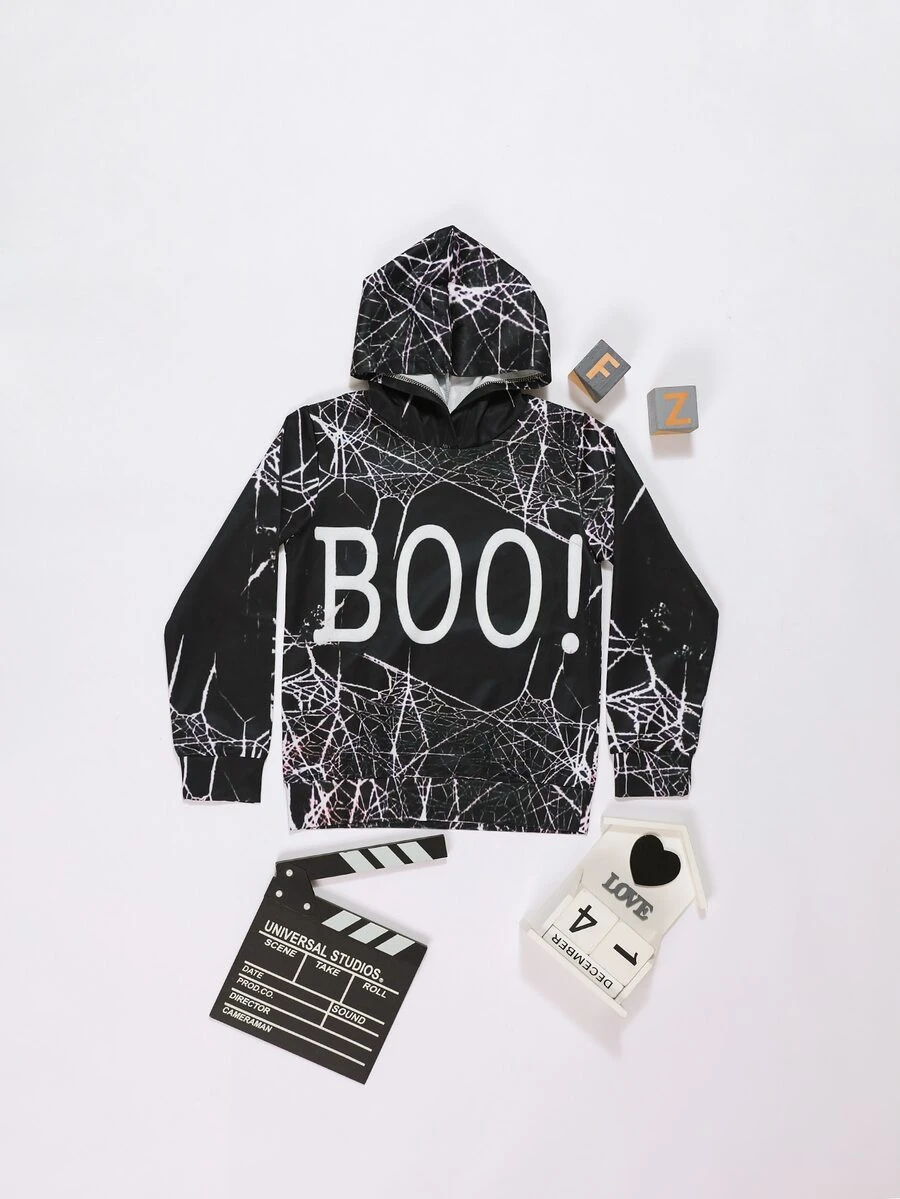 Tween Girl 1pc Letter And Spiderweb Print Sweatshirt - Black - View 1