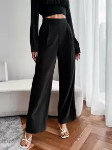 EMERY ROSE High Waist Fold Pleated Trousers - Black - View 1