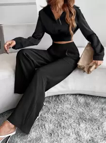 EMERY ROSE High Waist Fold Pleated Trousers - Black - View 6