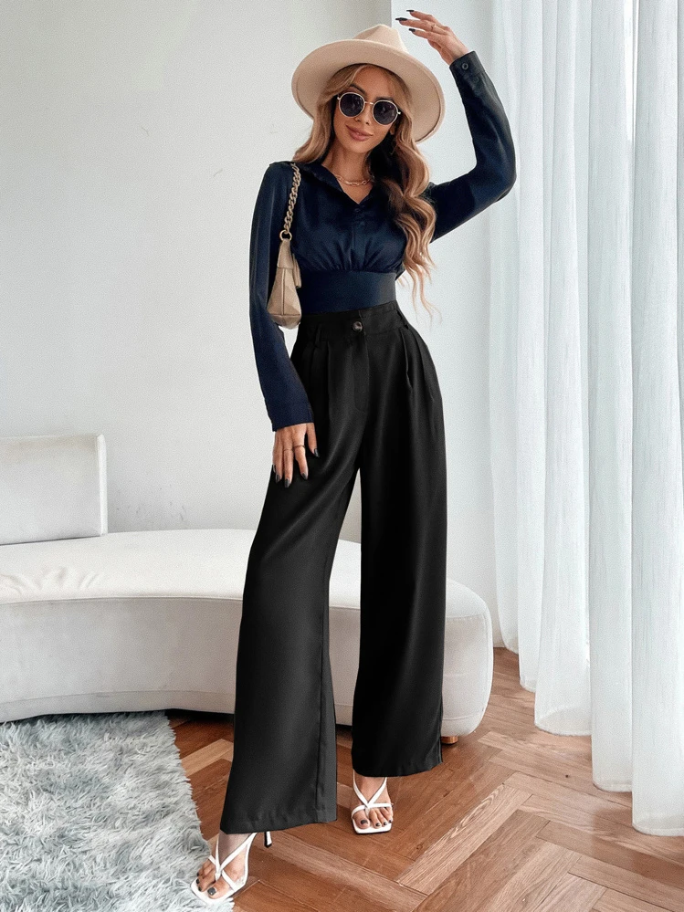 Pantalones de pierna ancha de talle alto con bolsillos oblicuos - Negro - Añade 5