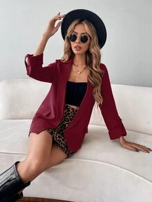 SHEIN Essnce Lapel Neck Roll-up Sleeve Blazer - Burgundy - View 4