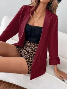 SHEIN Essnce Lapel Neck Roll-up Sleeve Blazer - Burgundy - View 5