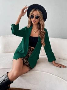 SHEIN Essnce Lapel Neck Open Front Blazer - Dark Green - View 3