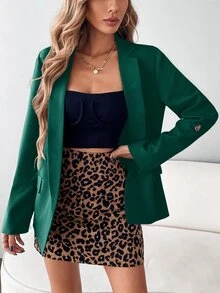 SHEIN Essnce Lapel Neck Open Front Blazer - Dark Green - View 6