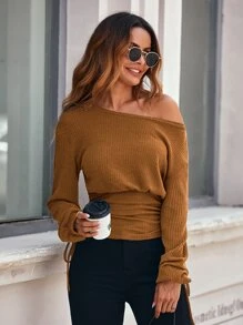 SHEIN Essnce Áo thun nữ Dây kéo Gân đan màu trơn Thanh lịch - màu nâu - Xem 1