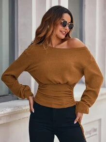 SHEIN Essnce Áo thun nữ Dây kéo Gân đan màu trơn Thanh lịch - màu nâu - Xem 3