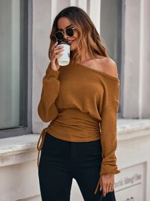 SHEIN Essnce Áo thun nữ Dây kéo Gân đan màu trơn Thanh lịch - màu nâu - Xem 5