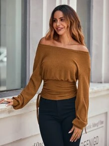 SHEIN Essnce Áo thun nữ Dây kéo Gân đan màu trơn Thanh lịch - màu nâu - Xem 6