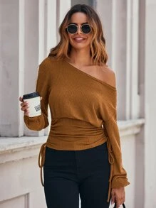 SHEIN Essnce Áo thun nữ Dây kéo Gân đan màu trơn Thanh lịch - màu nâu - Xem 7